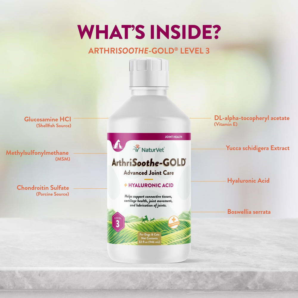 NaturVet ArthriSoothe-Gold Hyaluronic Acid highlight for joint lubrication.