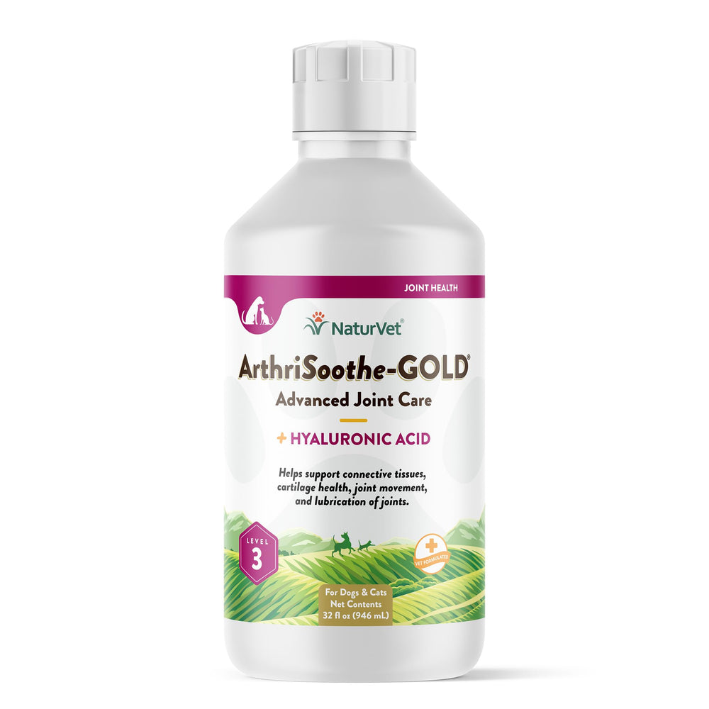NaturVet ArthriSoothe-Gold Level 3 bottle pour for joint support.