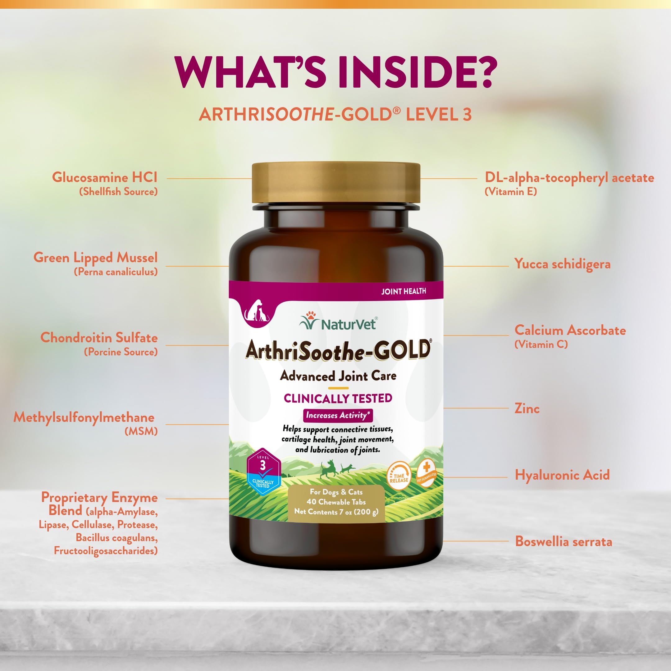 NaturVet ArthriSoothe-GOLD Level 3 image emphasizes chondroitin and glucosamine for cartilage health