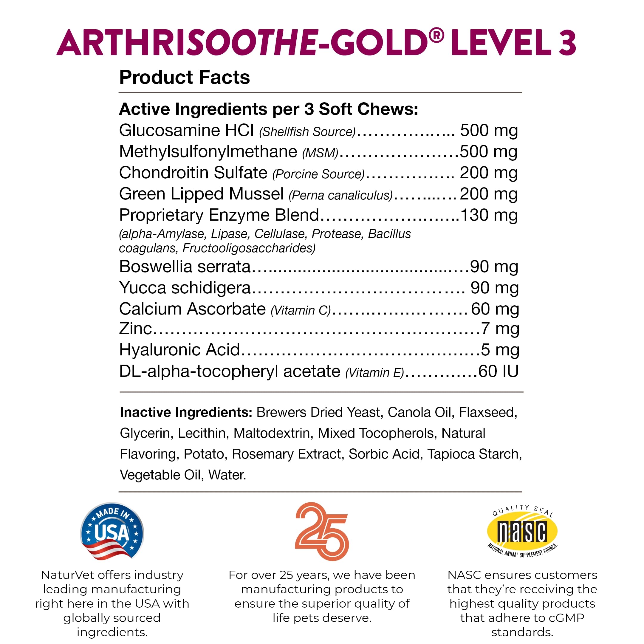 NaturVet ArthriSoothe-Gold Level 3 made-in-usa badge, signaling trusted joint support.