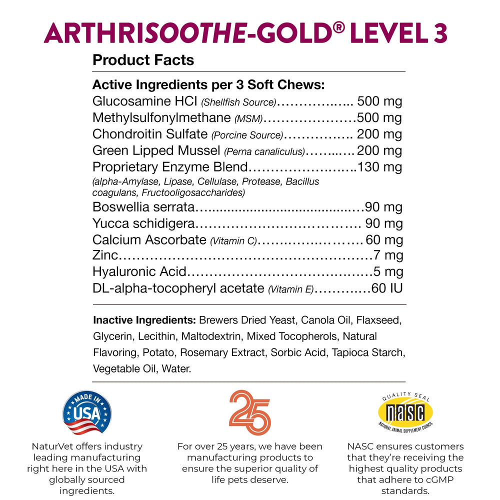 NaturVet ArthriSoothe-Gold Level 3 made-in-usa badge, signaling trusted joint support.