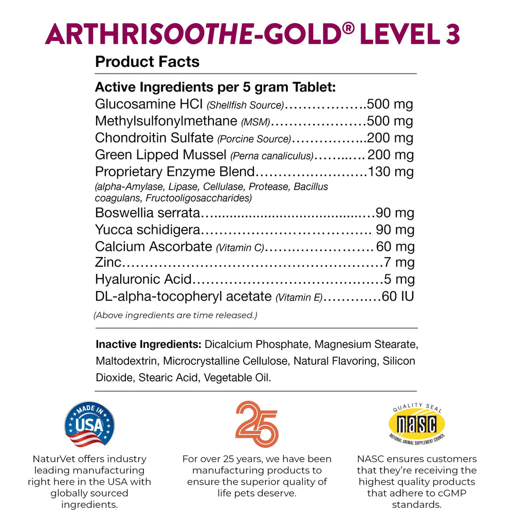 NaturVet ArthriSoothe-GOLD Level 3 veterinarian-formulated image reinforces trusted joint support