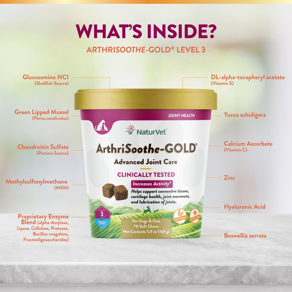 NaturVet ArthriSoothe-Gold Level 3 wheat-free formula closeup in packaging.