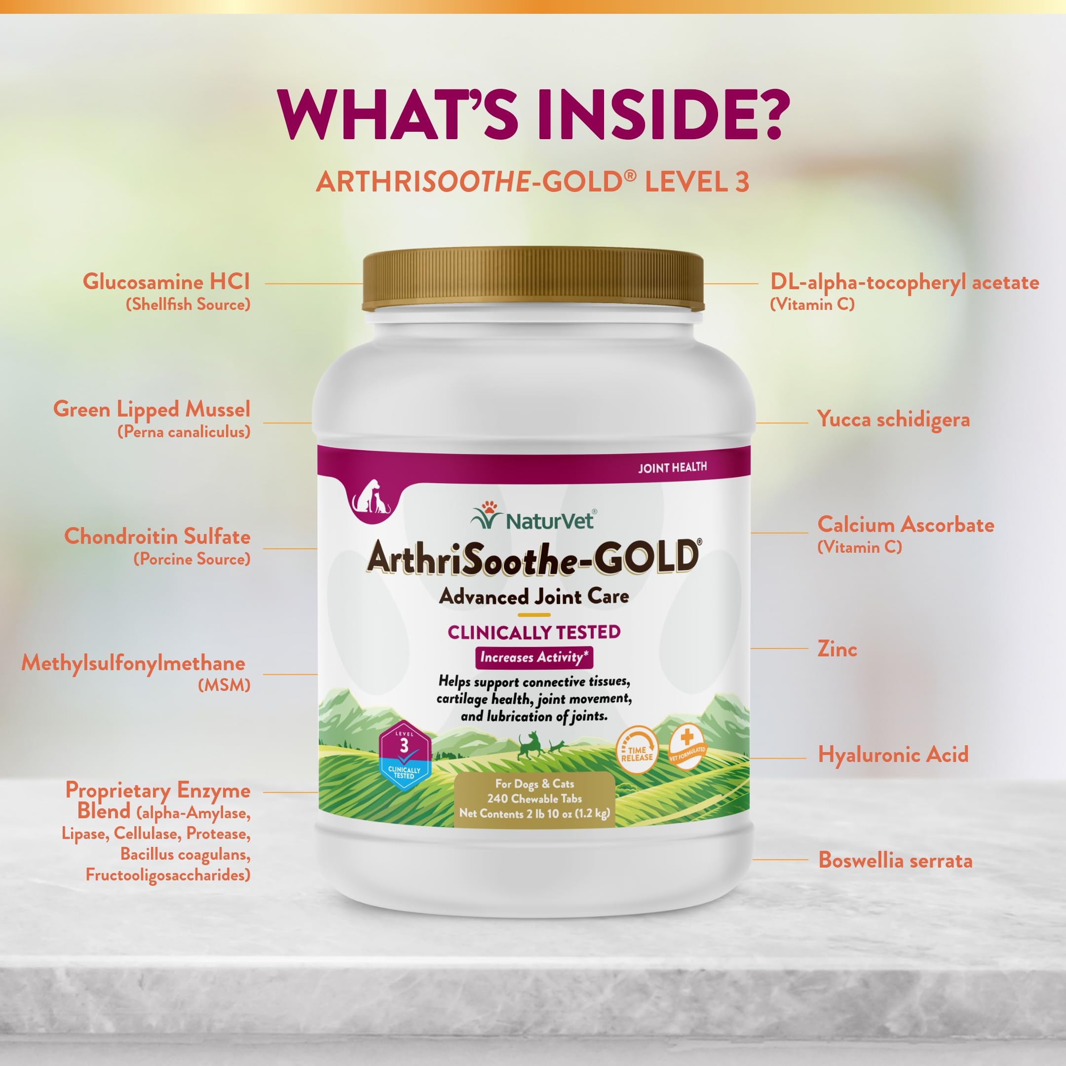 NaturVet ArthriSoothe-Gold Level 3 green-lipped mussel highlights natural joint nutrients.