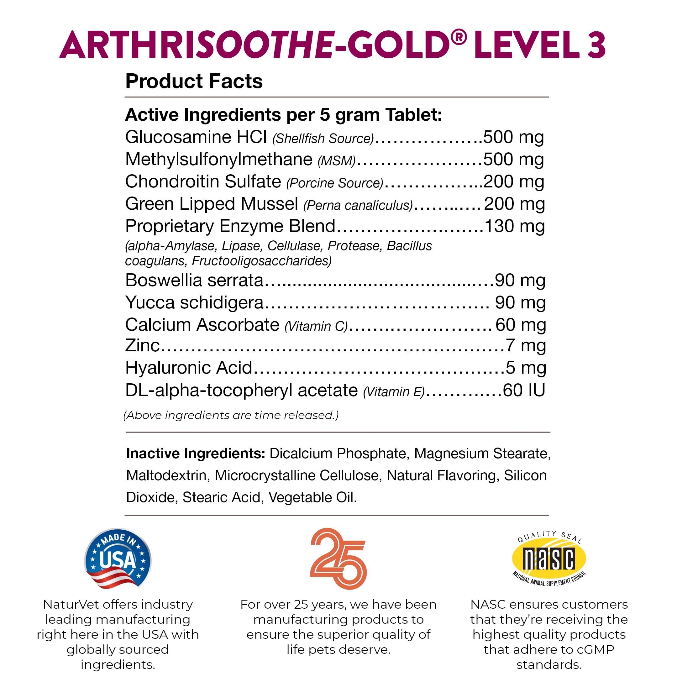 NaturVet ArthriSoothe-Gold Level 3 made-in-usa seal reassures trusted manufacturing.