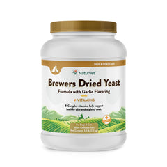 NaturVet Brewer’s Dried Yeast with Garlic bottle highlights palatable flavor for easy dosing.