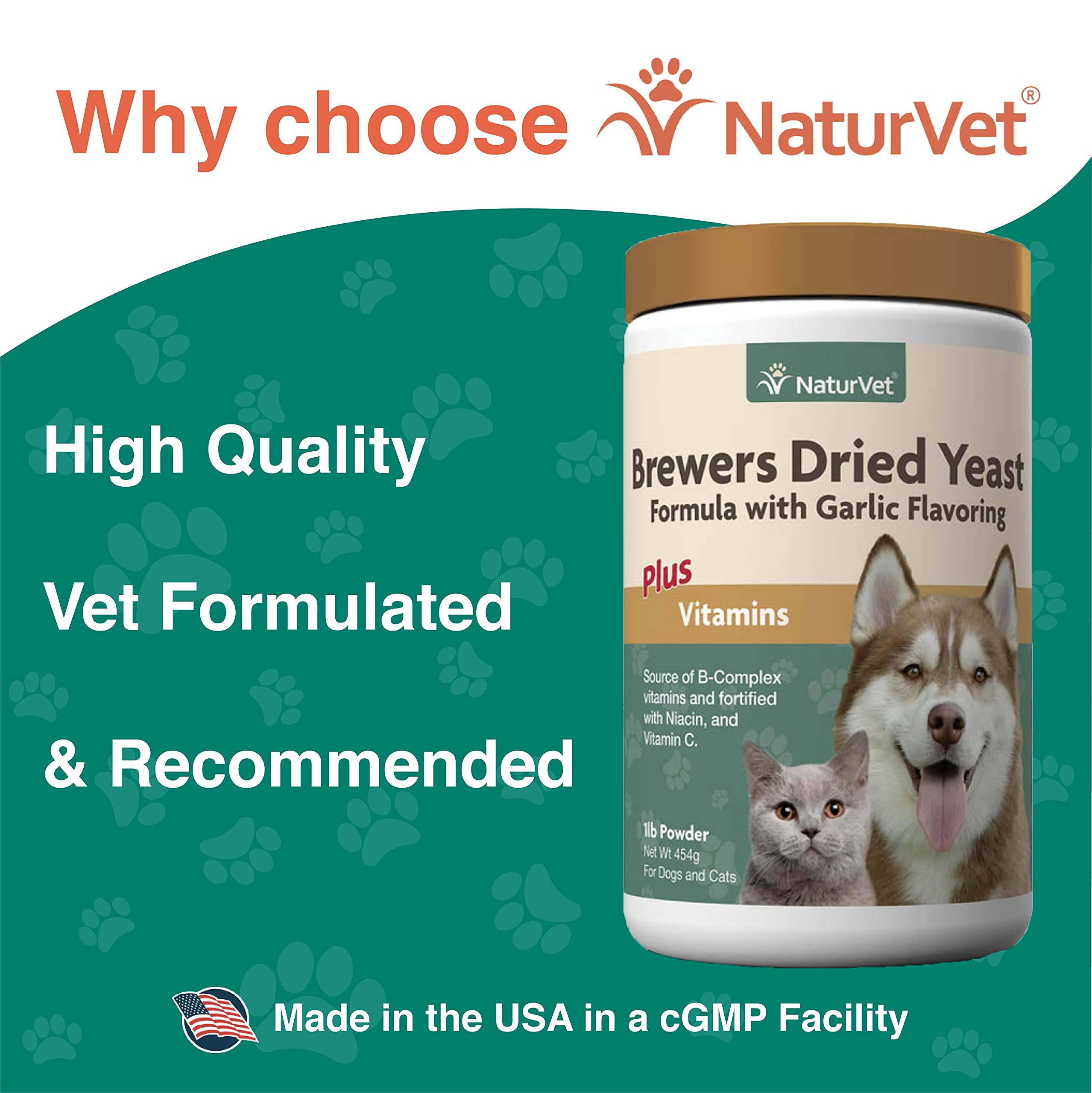 NaturVet Brewers Dried Yeast nutrition label highlights B-complex vitamins for overall wellness.