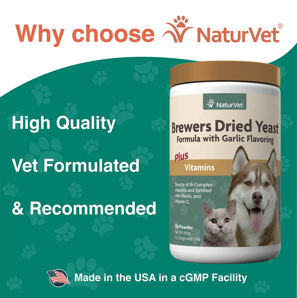 NaturVet Brewers Dried Yeast nutrition label highlights B-complex vitamins for overall wellness.