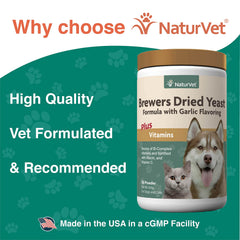 NaturVet Brewers Dried Yeast nutrition label highlights B-complex vitamins for overall wellness.