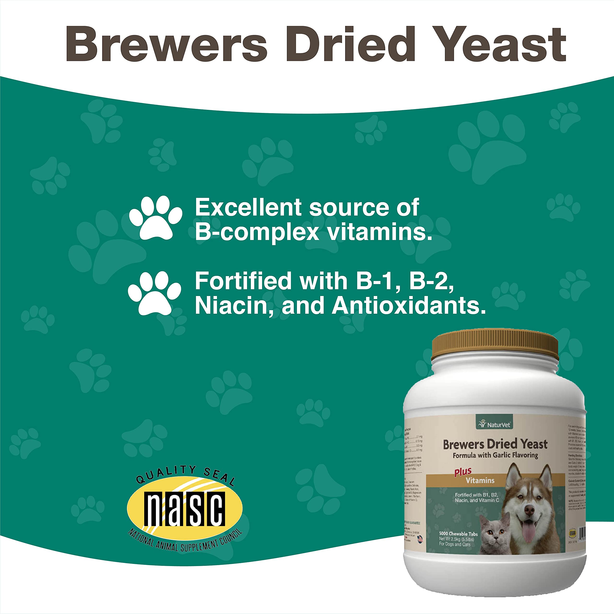 Ingredients panel on NaturVet Brewer’s Dried Yeast bottle with vitamins and minerals.