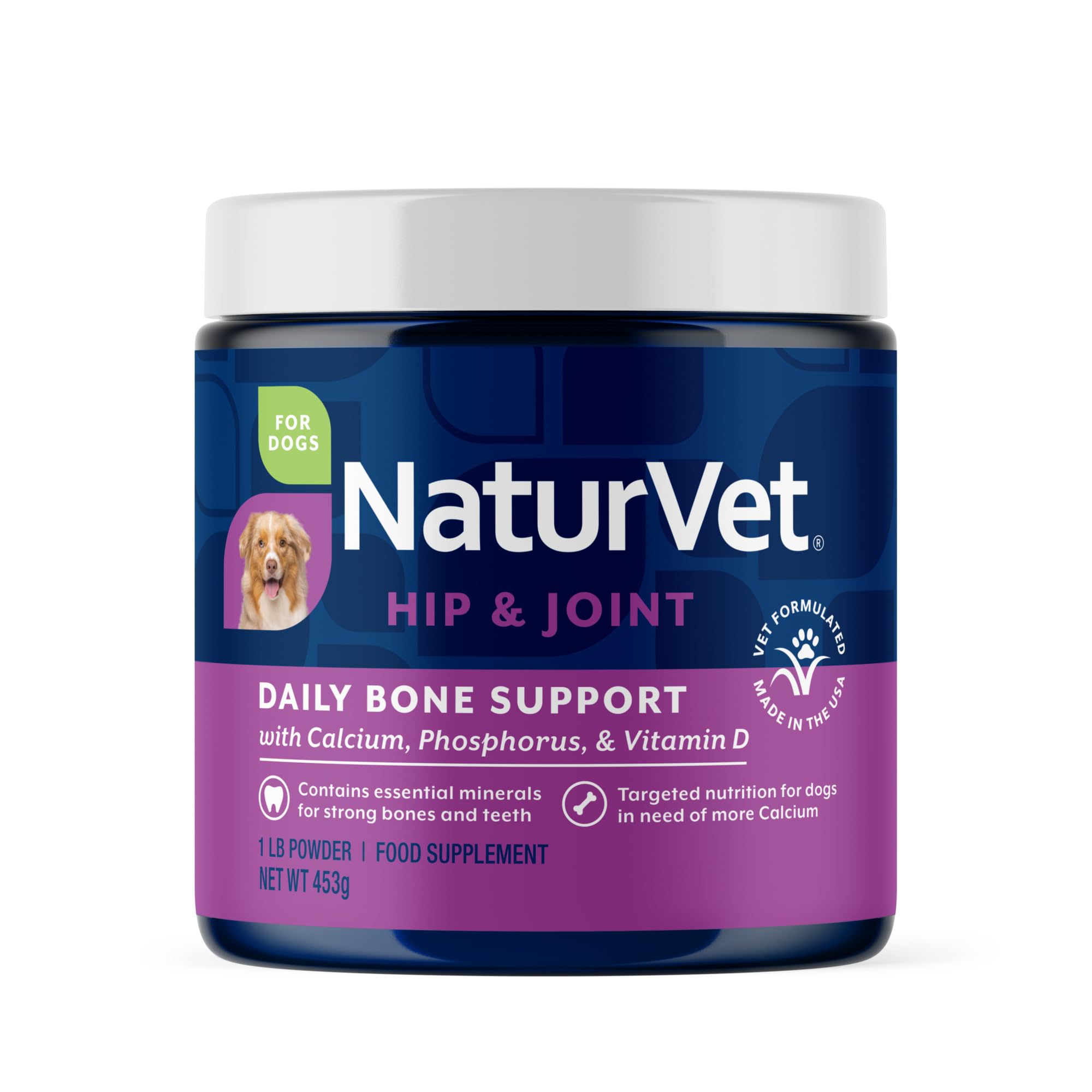 NaturVet Calcium-Phosphorus for Dogs bottle offers convenient bone-support supplement.
