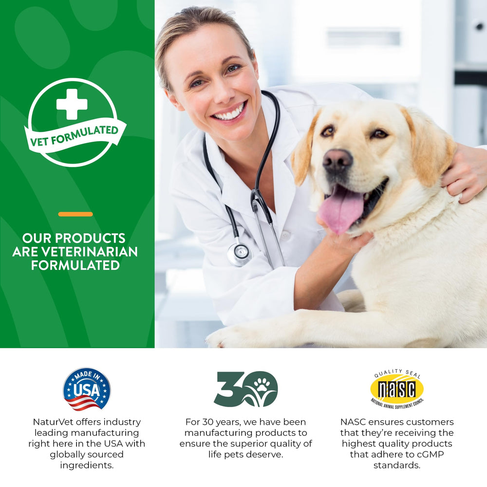 NaturVet jar and chews displayed for overall pet-wellbeing and stomach balance.