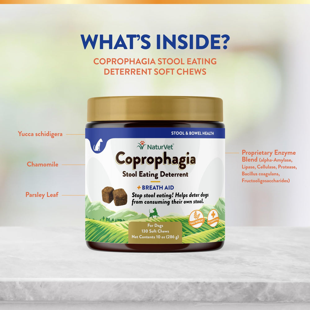 NaturVet Coprophagia Bottle On Counter suggests easy access for routine supplementation