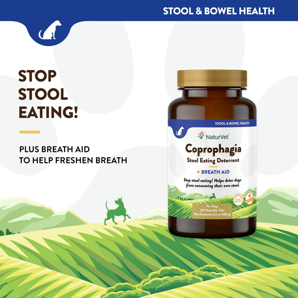 NaturVet Coprophagia enzymes and probiotics packaging highlighting digestion support.