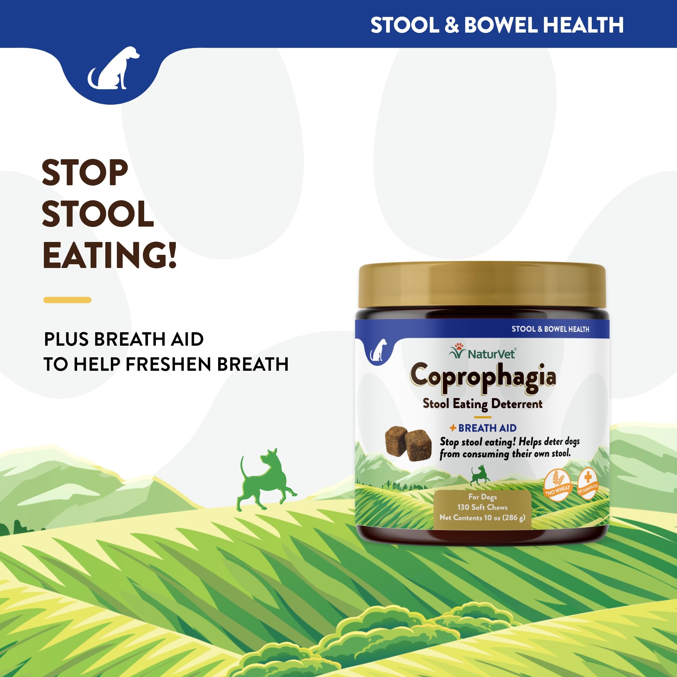 NaturVet Coprophagia Packaging Front with Breath Aid label highlighting probiotic gut support