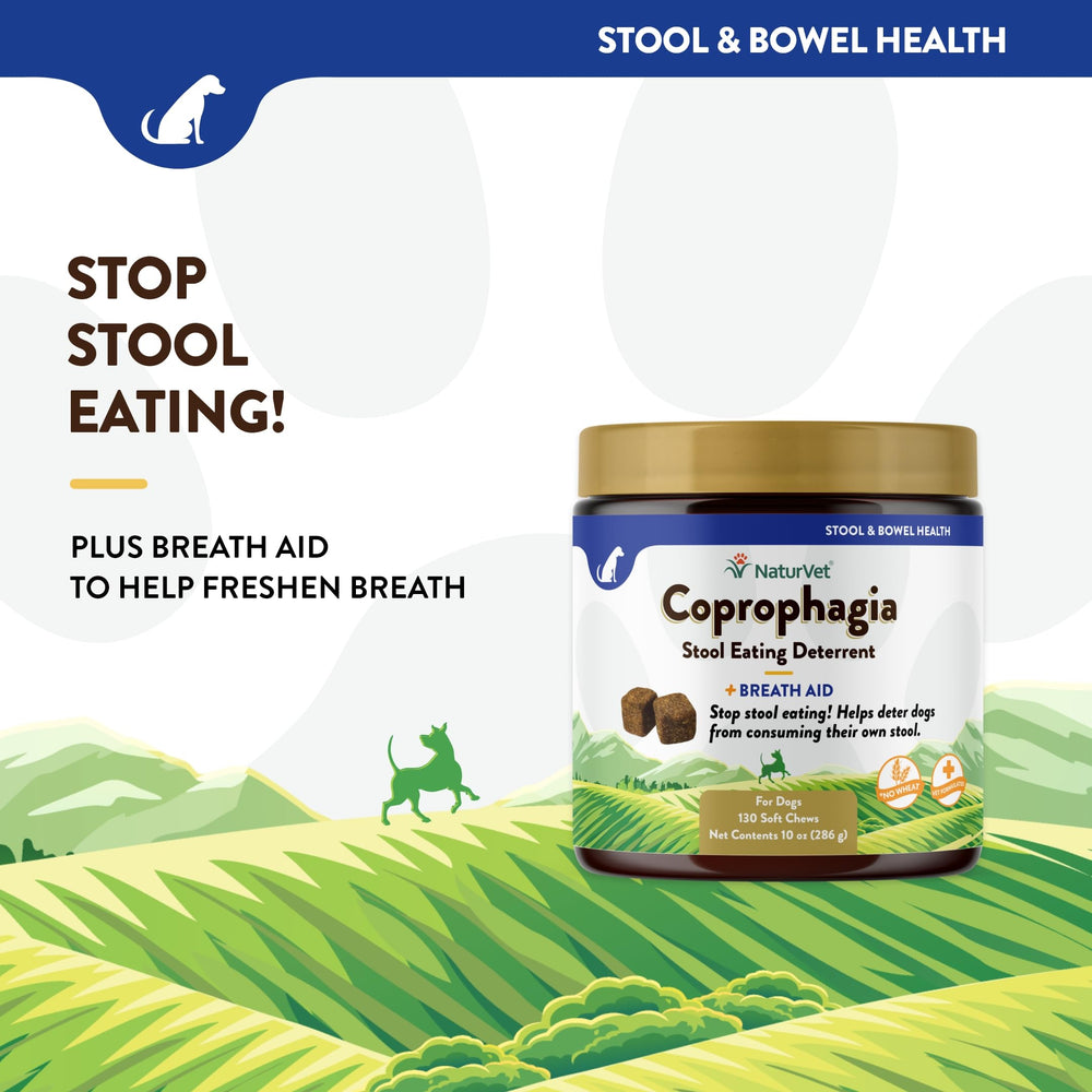 NaturVet Coprophagia Packaging Front with Breath Aid label highlighting probiotic gut support