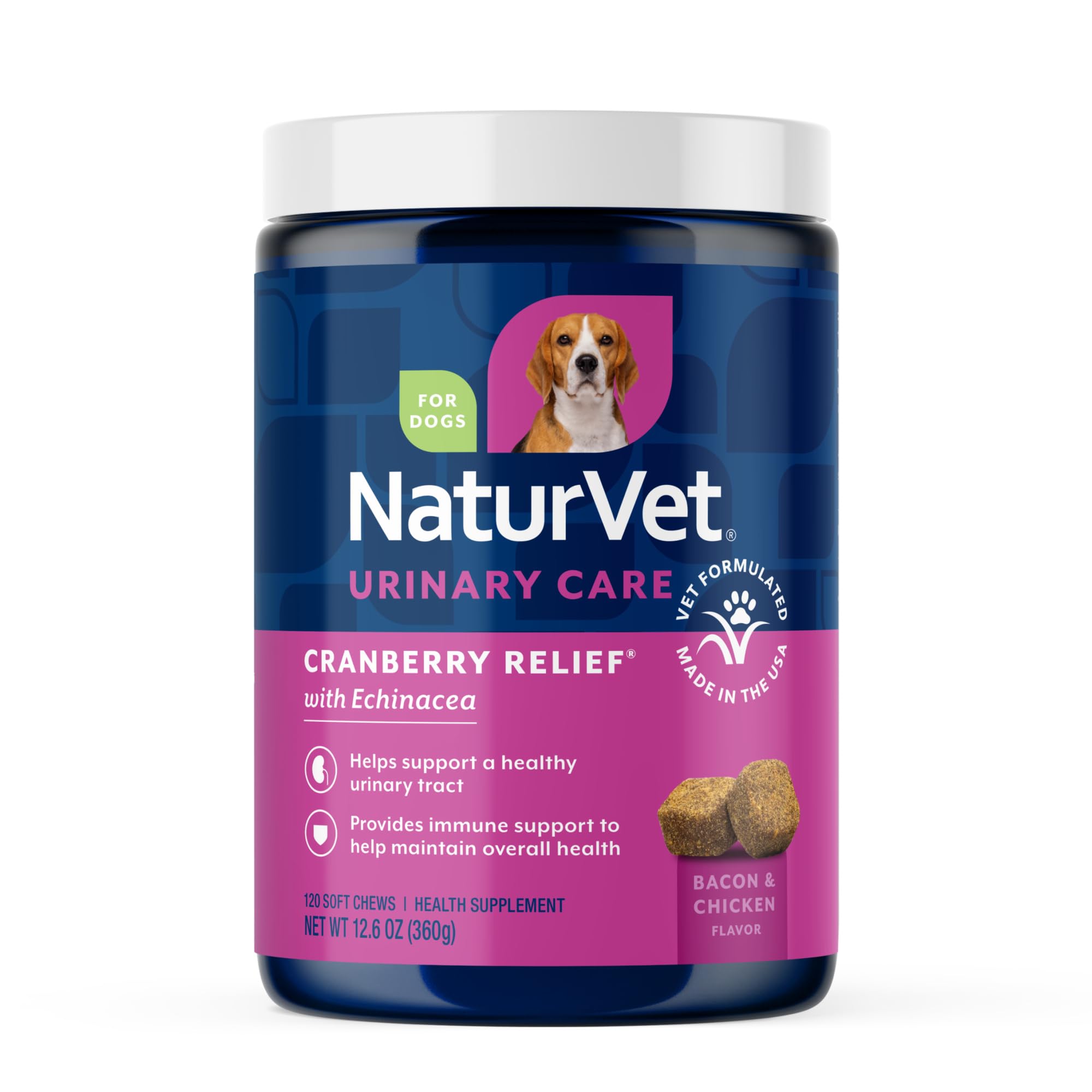 NaturVet Cranberry Relief Plus Echinacea bottle with soft chews for urinary and immune support