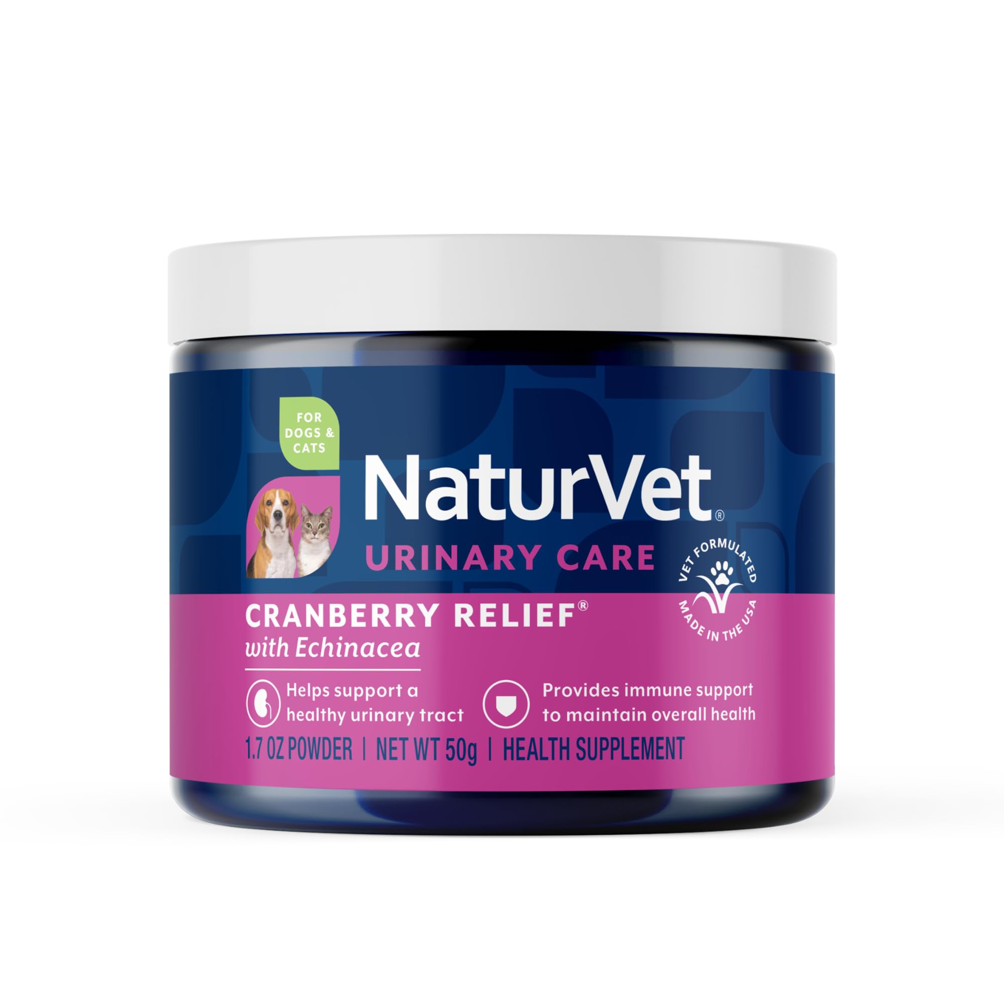 NaturVet Cranberry Relief Plus Echinacea packaging shows a natural ingredient blend for urinary and immune support.