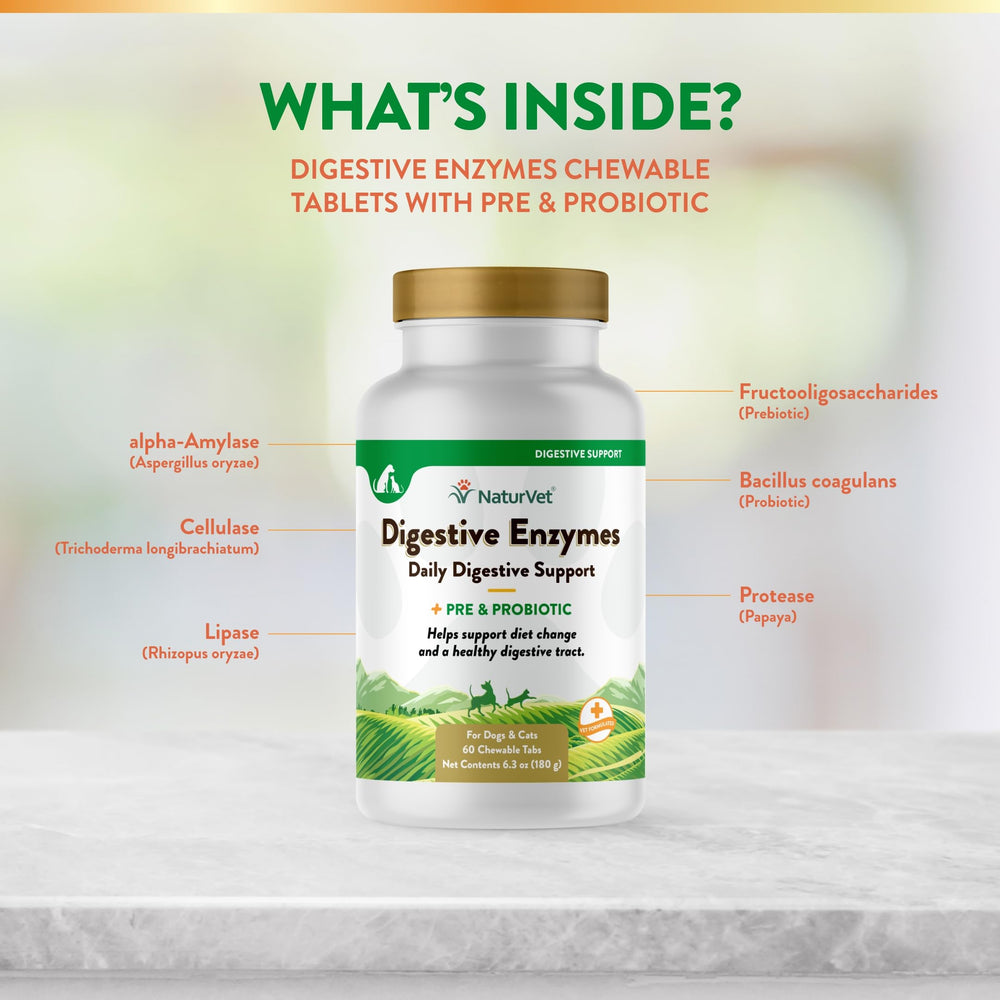 NaturVet Digestive Enzymes bottle with cats illustration for feline digestion support.