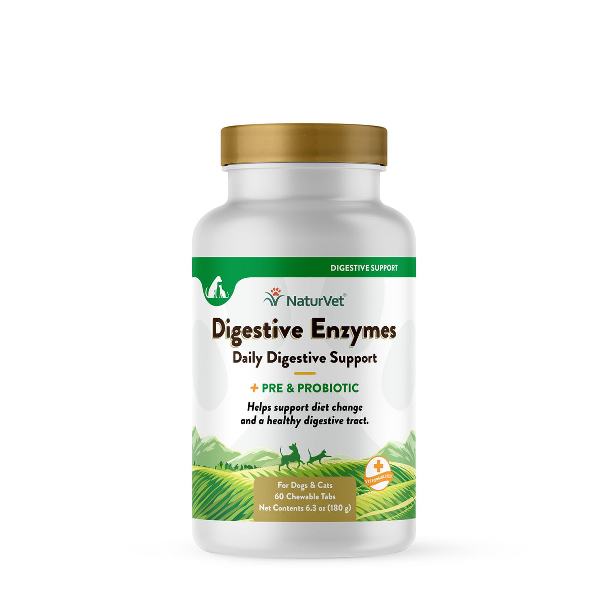 NaturVet Digestive Enzymes bottle closeup showing chewables for gut health.