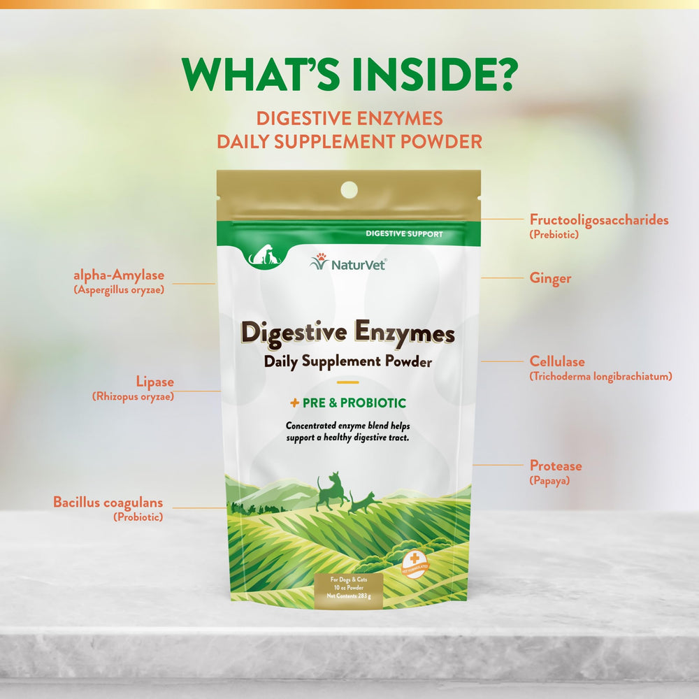 NaturVet Digestive Enzymes bottle side-view emphasizes enzyme-rich formula for digestion.