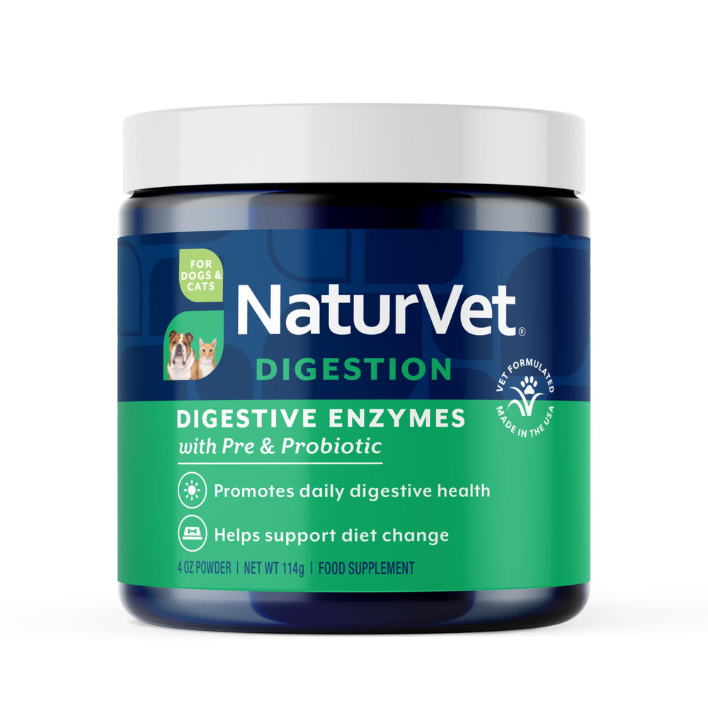 NaturVet Digestive Enzymes powder bottle supports easy dosing for dogs