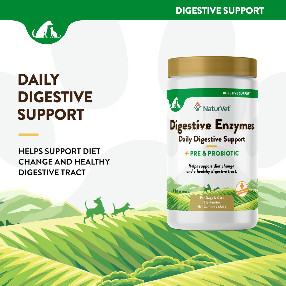 NaturVet Digestive Enzymes label close-up highlighting probiotics and prebiotics for gut balance.