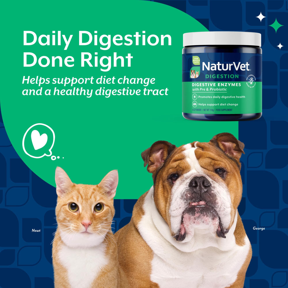 NaturVet Digestive Enzymes label close-up shows vegetable-based enzyme blend