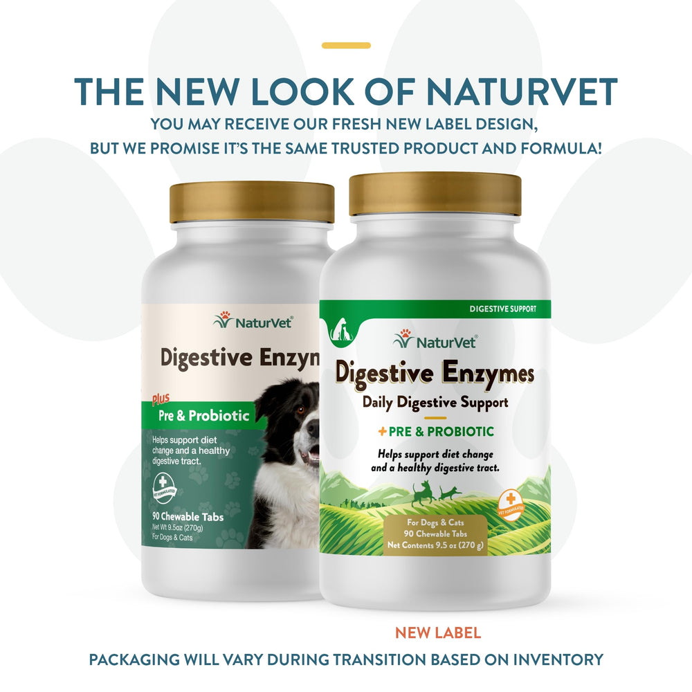 NaturVet Digestive Enzymes Plus Probiotics pack beside dog bowl, promoting comfortable digestion