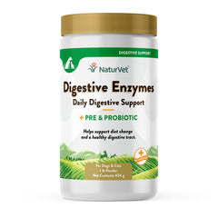 NaturVet Digestive Enzymes powder in a bowl ready to support digestion during diet changes.