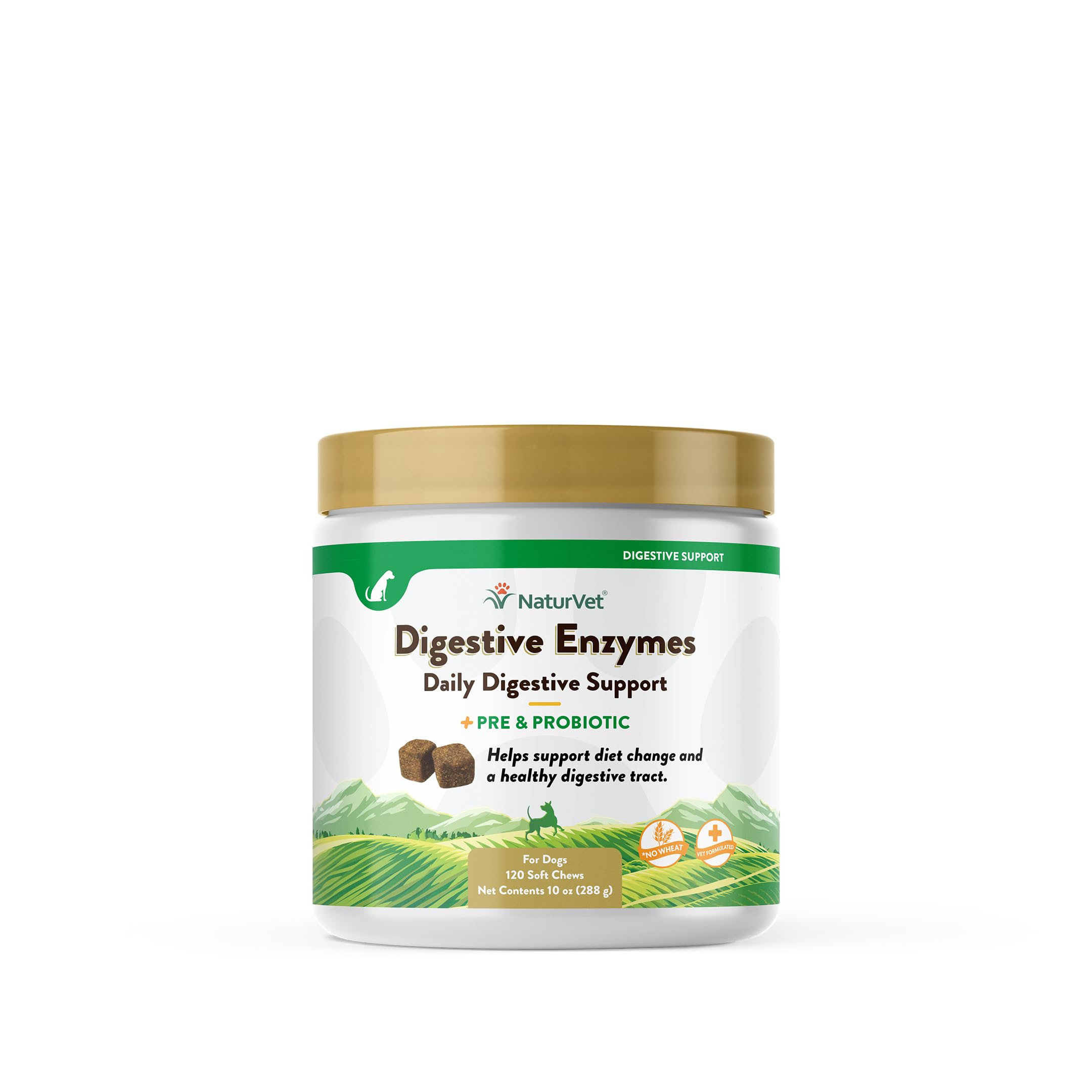 NaturVet digestive enzymes soft-chews bottle shows easy feeding and digestive support for pets.
