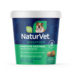 NaturVet Digestive Enzymes soft chews bottle helps digestion during diet changes.