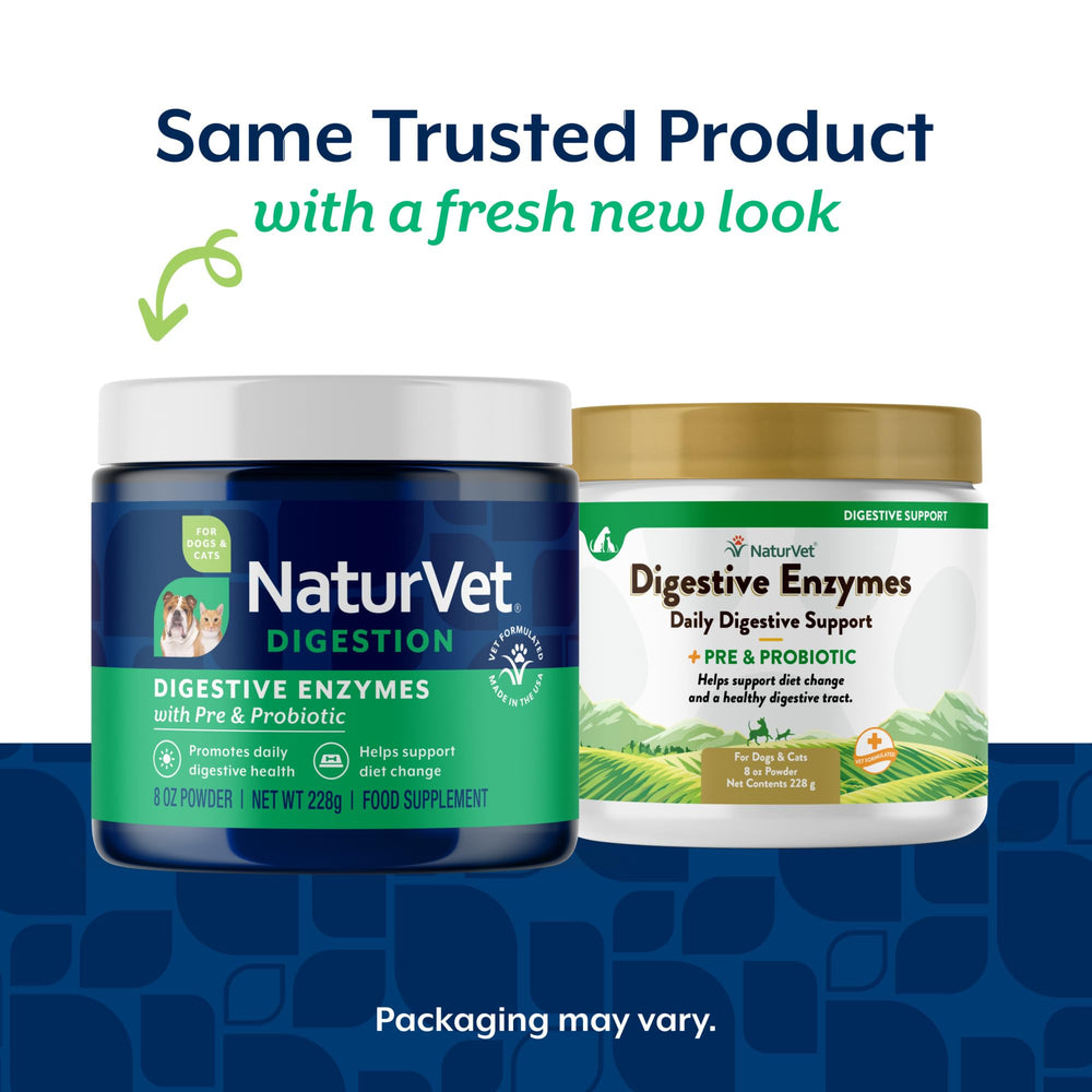 NaturVet Digestive Enzymes spoon dispensing powder for easy feeding and digestion support.