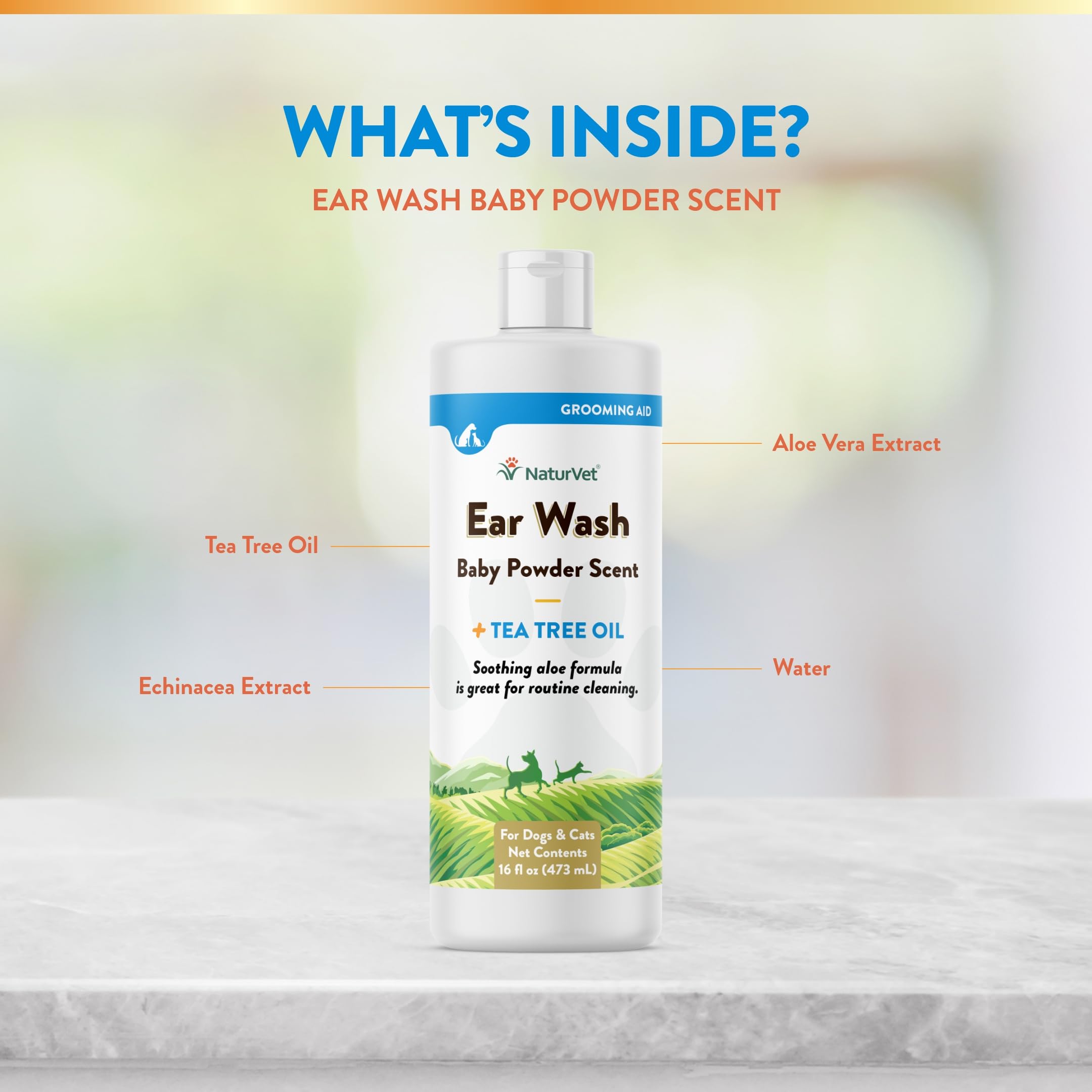 NaturVet Ear Wash baby powder scent emphasizes a fresh aroma during use
