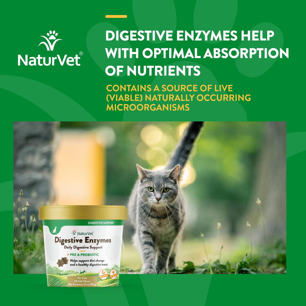 NaturVet frasco de enzimas digestivas, uso diario recomendado para apoyar la digestión.