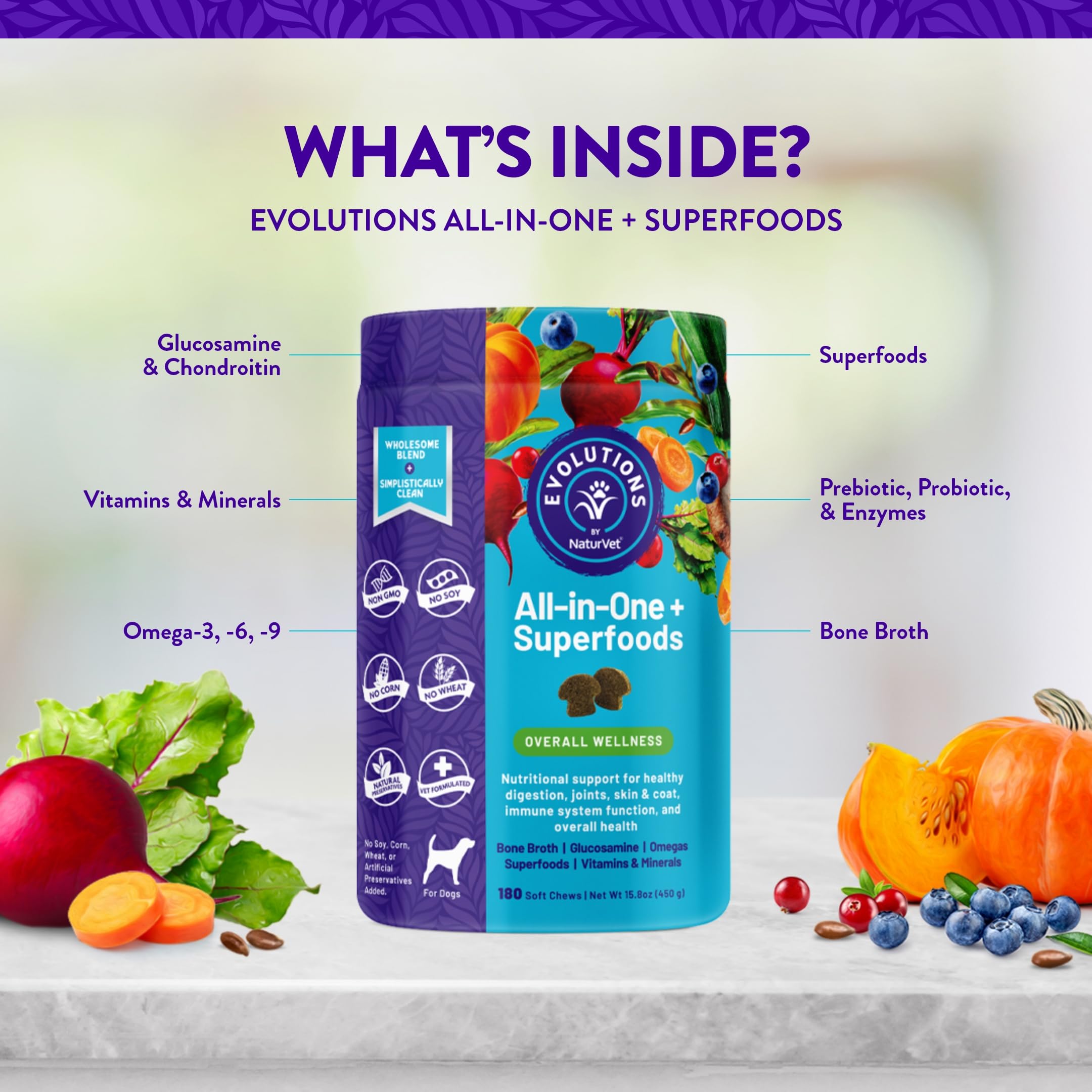 NaturVet Evolutions all-in-one soft chews immune-system close-up focuses on immune wellness.