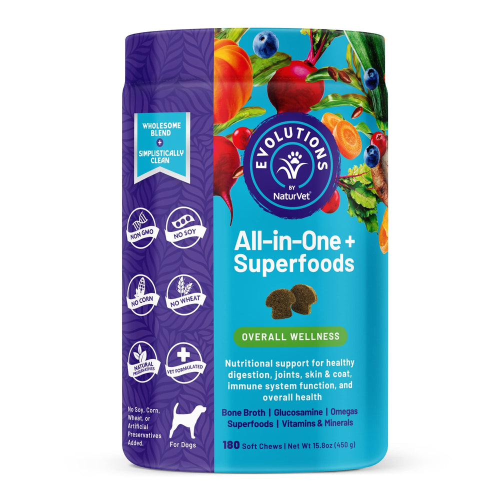 NaturVet Evolutions all-in-one soft chews jar supports overall dog health.