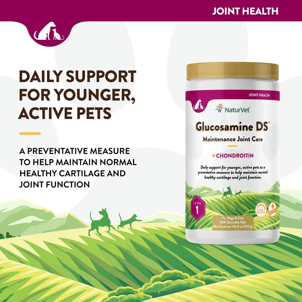 NaturVet Glucosamine DS chewable tablets presented as tasty joint support treats