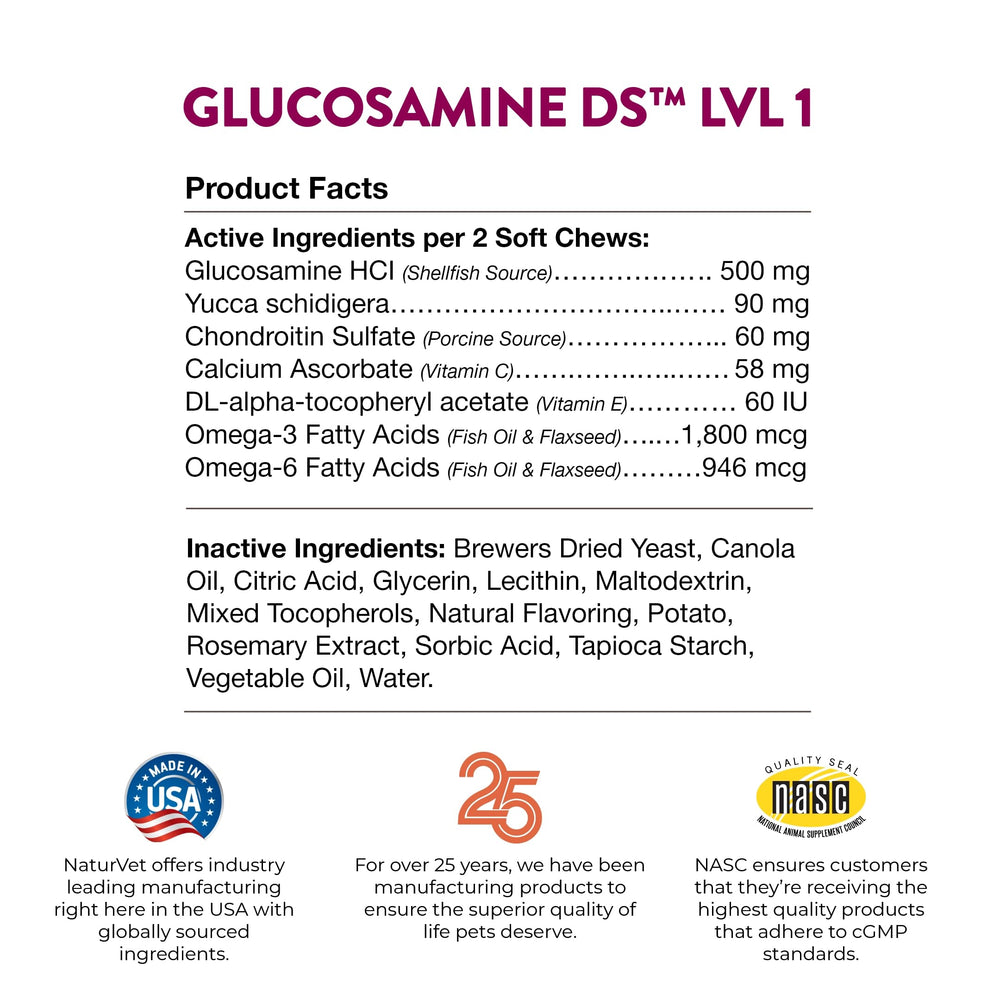 NaturVet Glucosamine DS Level 1 carton-front view for easy daily care.