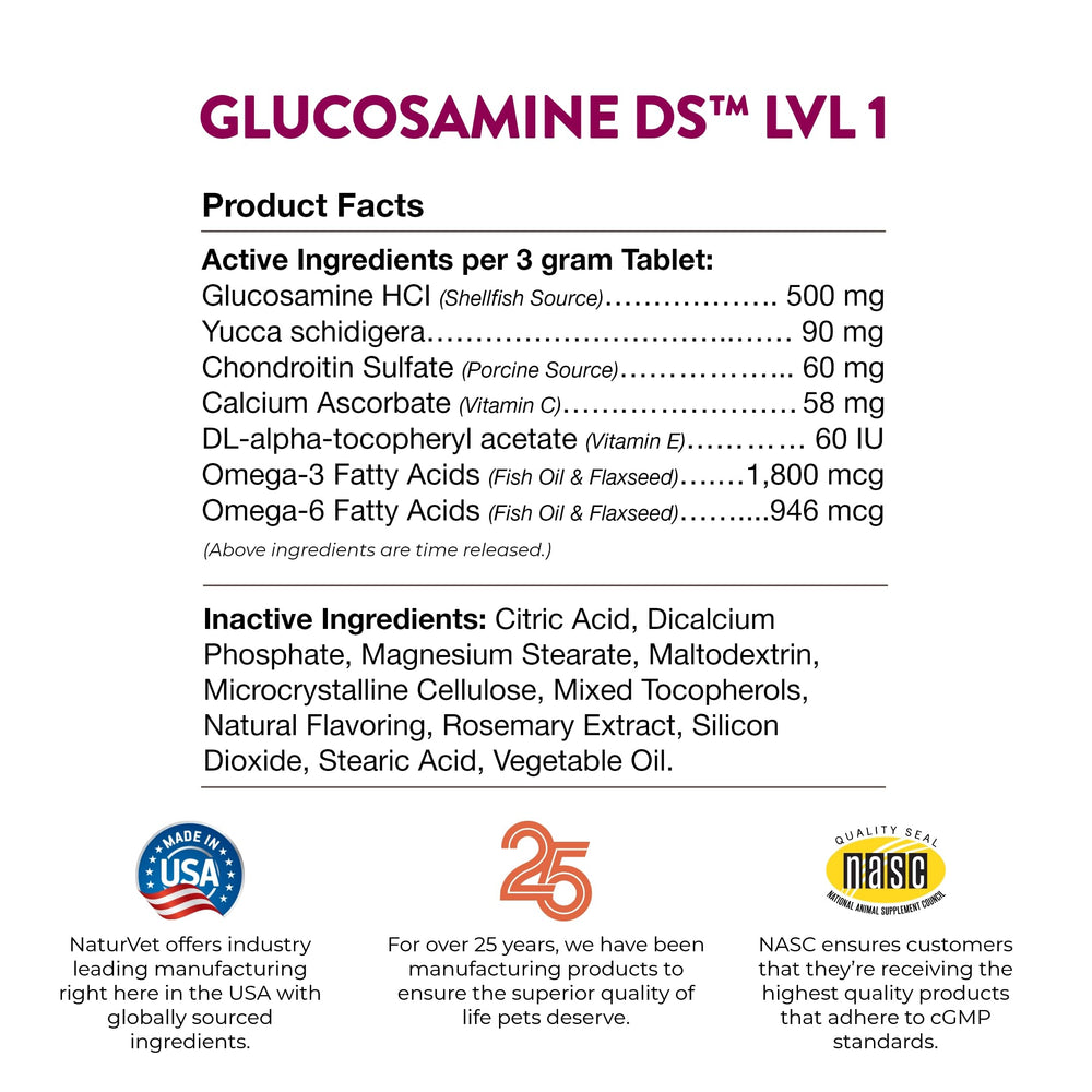 NaturVet glucosamine-ds-pet-owner-checking-package convenient dosing for pets during daily routines.