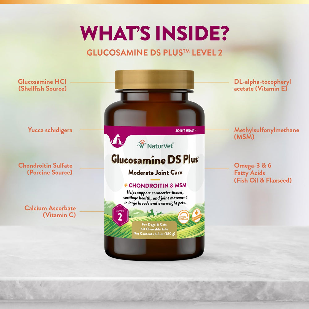 NaturVet Glucosamine DS Plus chewable-tablets shown for easy dosing.