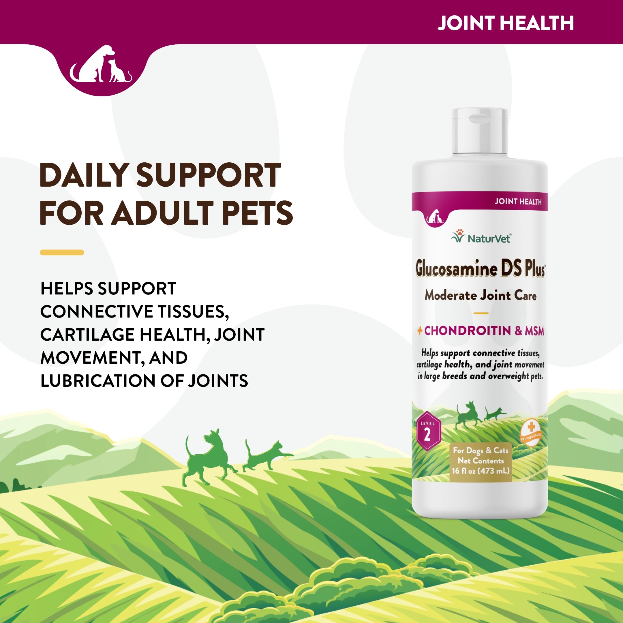 NaturVet Glucosamine DS Plus liquid with pet silhouettes indicating dogs and cats