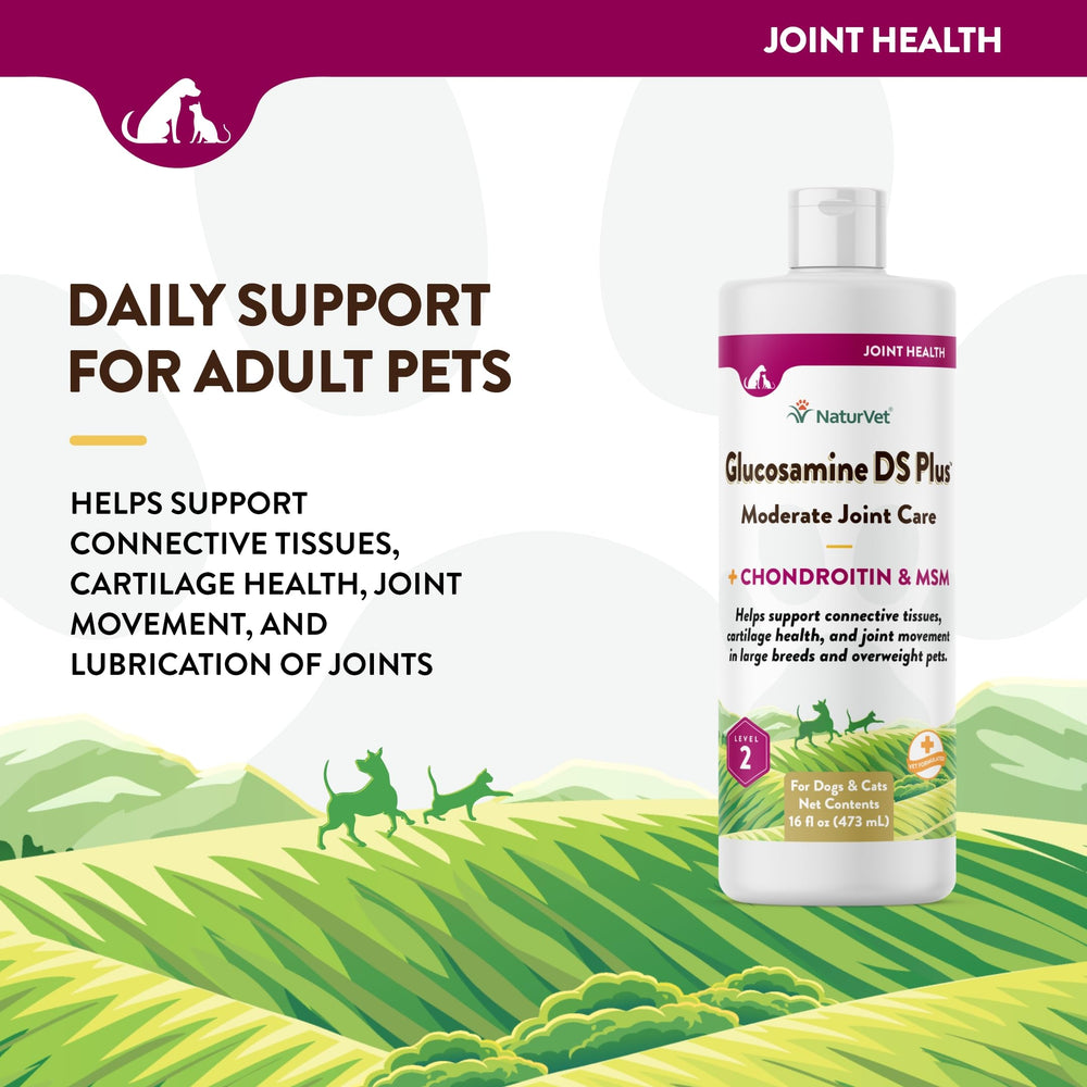 NaturVet Glucosamine DS Plus liquid with pet silhouettes indicating dogs and cats