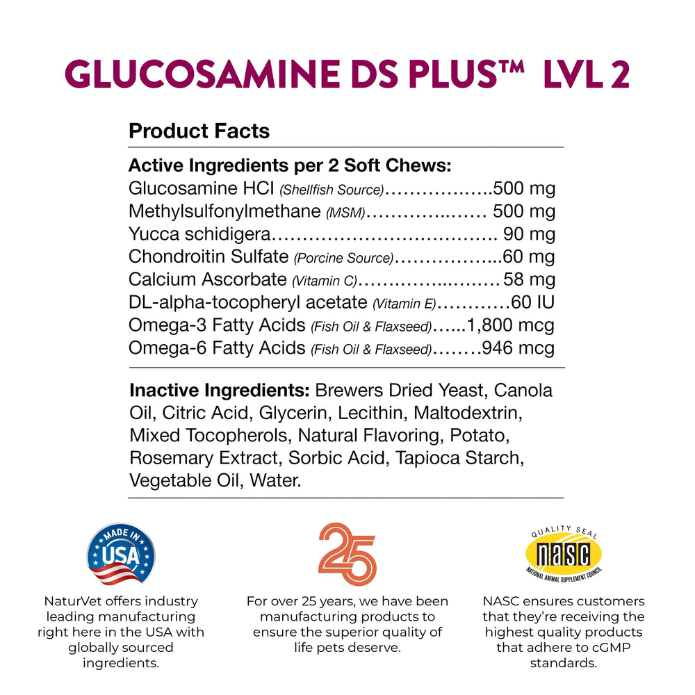 NaturVet Glucosamine DS Plus manufactured in the USA for quality assurance.