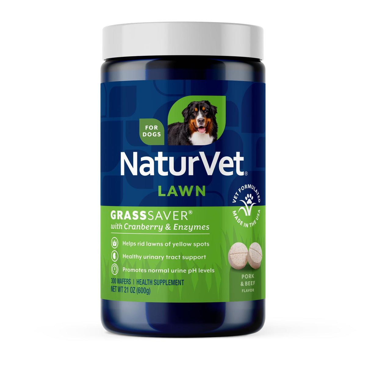NaturVet GrassSaver Wafers packaging highlights USA-made quality and lawn-friendly formula