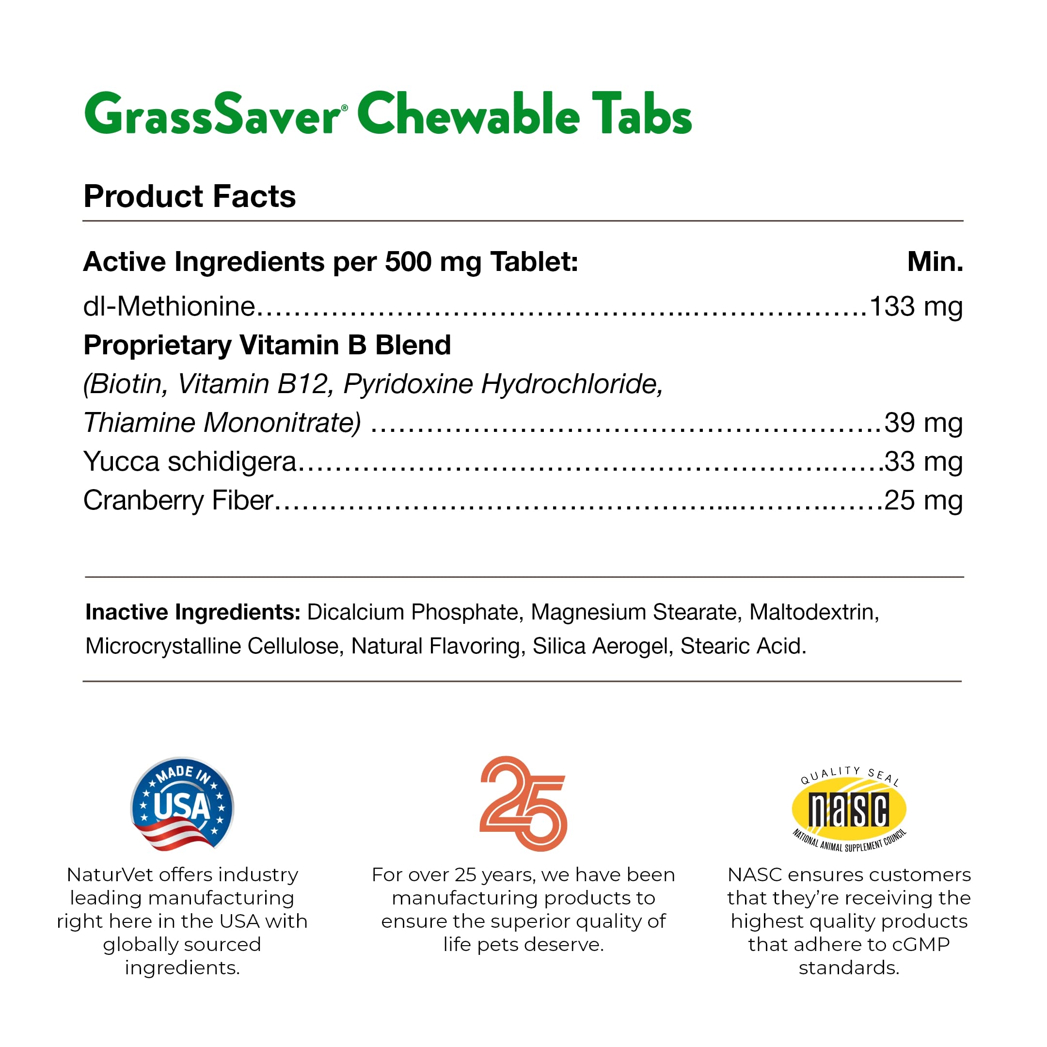 NaturVet GrassSaver cgmp-compliant badge highlighted on product packaging