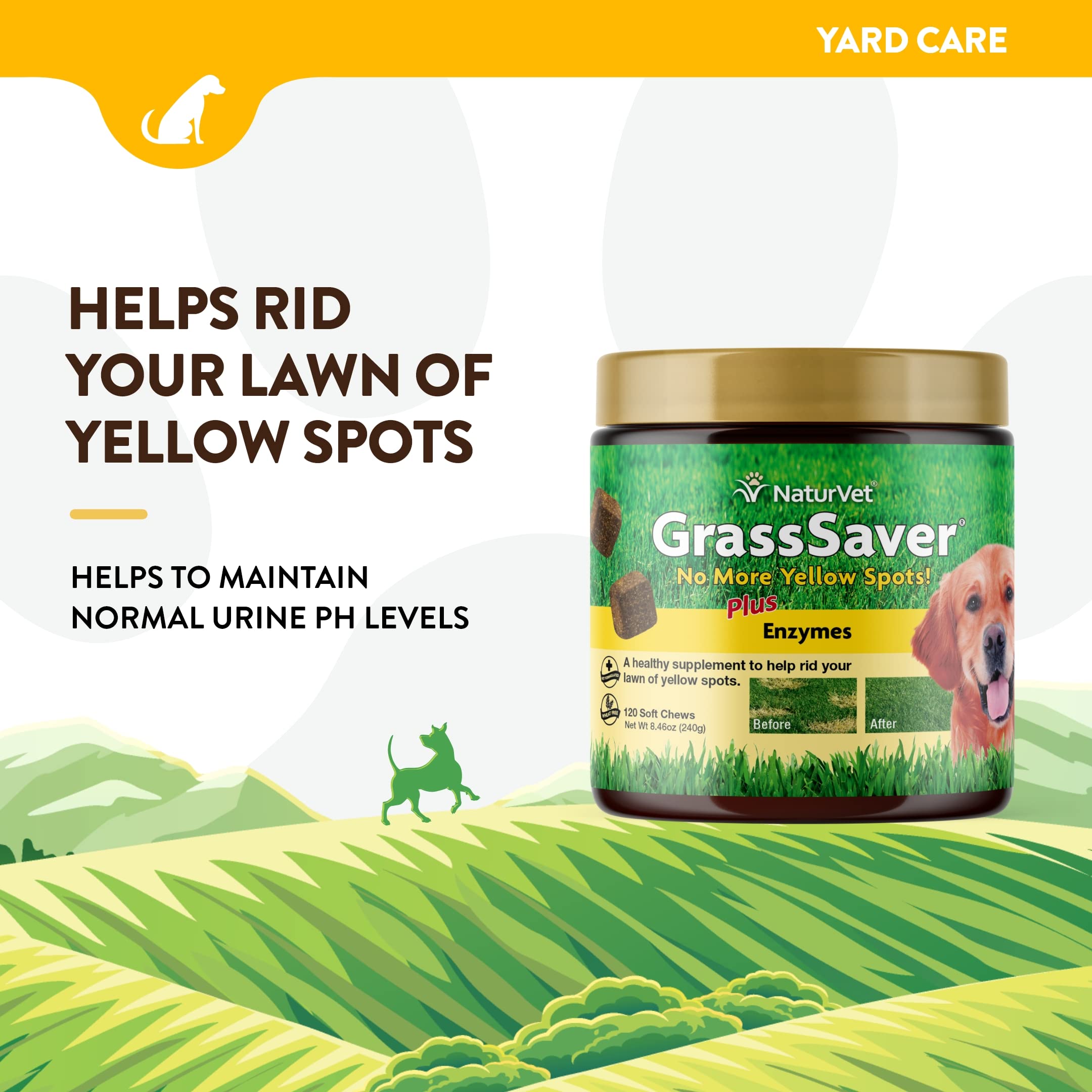 NaturVet GrassSaver cranberry-enzyme blend close-up; supports canine digestion.