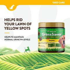 NaturVet GrassSaver cranberry-enzyme blend close-up; supports canine digestion.