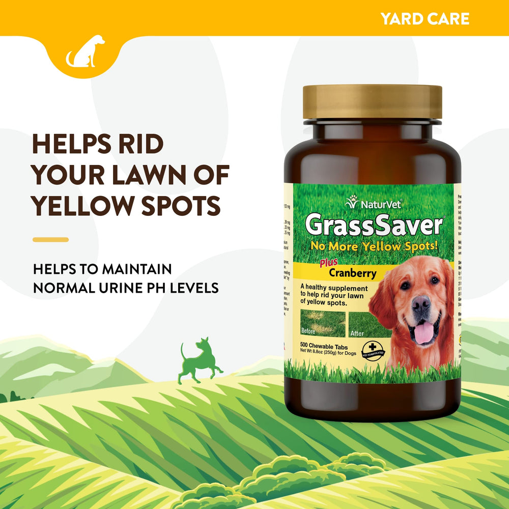 NaturVet GrassSaver tablets beside the bottle for convenient daily use