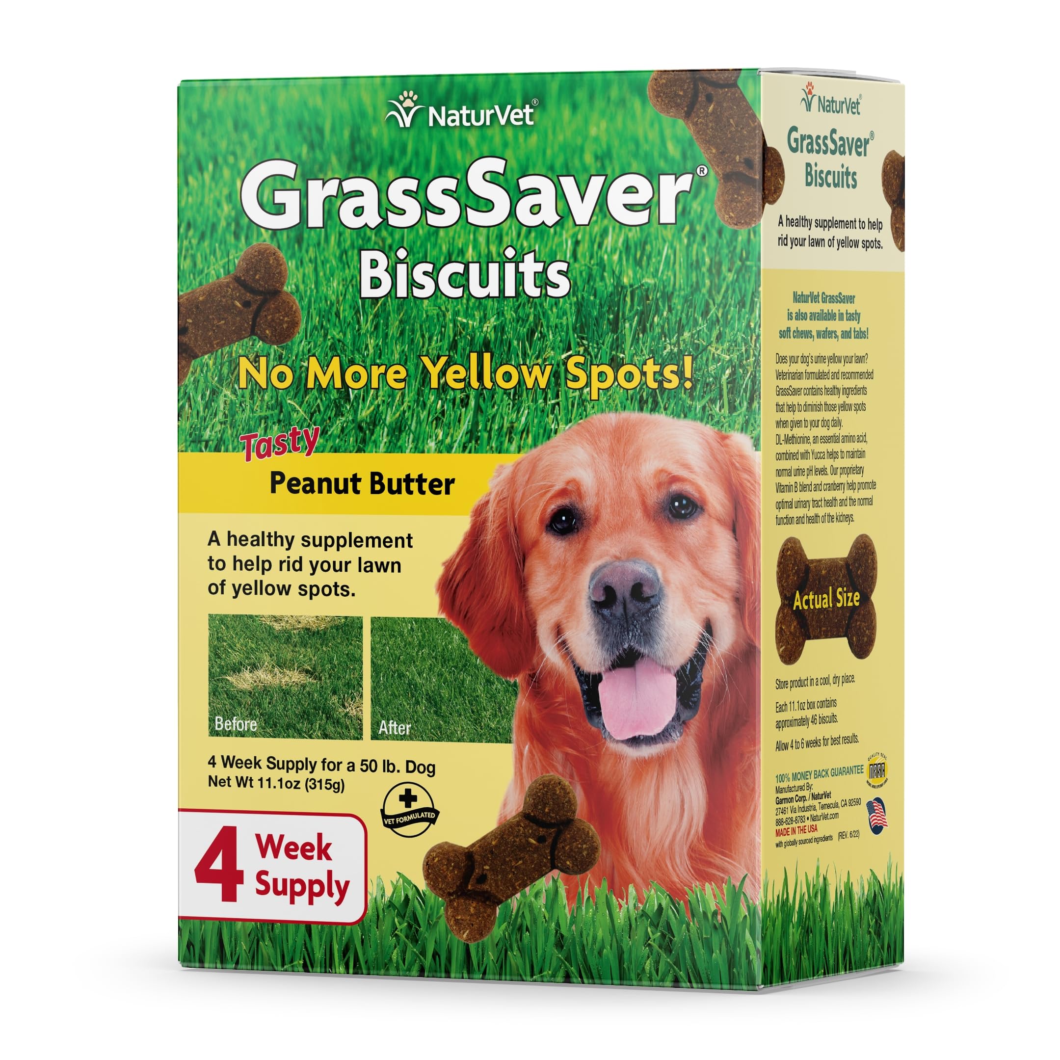 NaturVet GrassSaver galletas para perros, paquete frontal, uso diario para césped verde.